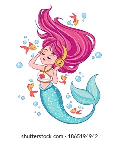 Cute pink haired mermaid wearing a t-shirt listen to music. Little golden fishes and bubbles on the background. Hand drawn shiny vector illustration. 