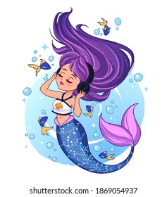 Cute pink haired mermaid wearing a t-shirt listen to music. Little golden fishes and bubbles on the background. Hand drawn shiny vector illustration. 