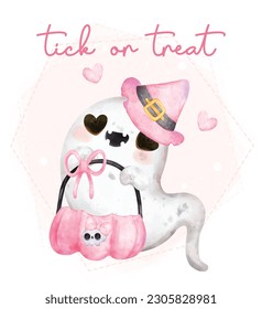 Cute pink halloween ghost with empty pumpkin basket, trick or treat , happy smile cartoon character bootiful watercolour hand painted vector greeting card