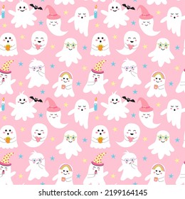 Cute pink halloween ghost seamless pattern. Creepy baby boo characters with different emotions, facial expressions and accessories.