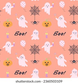 Cute pink halloween ghost seamless pattern. Ghosts, pumpkin, spider on web, boo, balloon and candle on pastel background.