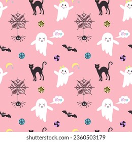 Cute pink halloween ghosts seamless pattern. Pastel print with spooky spirits, spider on web, candies, black cat and bat. 