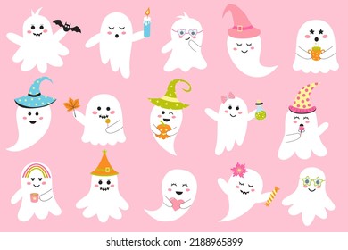 Cute pink halloween ghosts set. Creepy baby boo characters for kids. Magic scary spirits with different emotions, facial expressions and accessories. Perfect for holiday, decoration, stickers, icons.