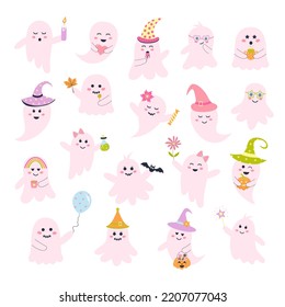 Cute pink halloween ghosts set. Creepy baby boo characters for kids. Magic scary spirits with different emotions, facial expressions and accessories. Perfect for holiday, decoration, stickers, icons.