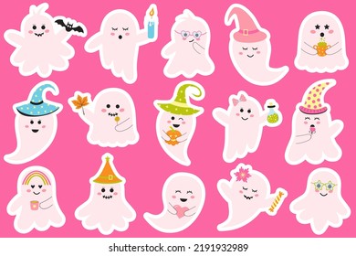 Cute pink halloween ghosts stickers set. Creepy baby boo characters for kids. Magic scary spirits with different emotions, facial expressions and accessories.