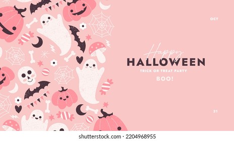 Cute pink Halloween horizontal design template. Textured illustration of monsters. Vector illustration.