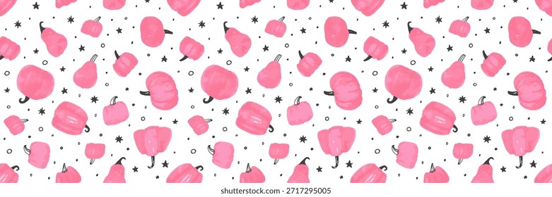 Cute pink Halloween pattern with pumpkins and pastel creates a girly autumn vibe. Seamless design features whimsical pumpkin illustrations perfect for festive fall decor.
