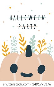 Cute pink Halloween pumpkin. Vector greeting card.