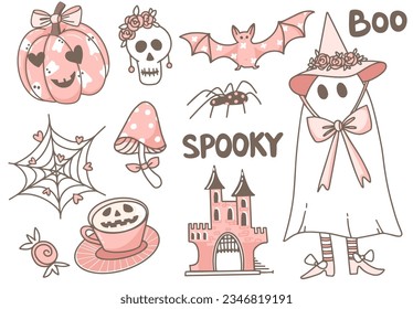 Cute pink halloween set. Creepy baby boo characters for kids. 