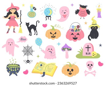 Cute pink Halloween set. Magic characters for kids. Happy Halloween pastel stickers. Little pink ghosts, pretty witch, cat, owl, skull, spooky pumpkins, spider and other.