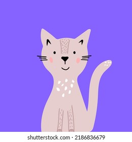 Cute pink hand drawn abstract cat, kids illustration for poster,wallpaper,baby shower invitation, greeting card, childish print for t-shirt, fabric design, nursery interior, kind kitten character. 