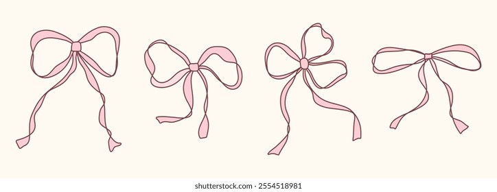 Cute pink hand drawn bow set with ribbons. Minimalist bowknot for wedding, birthday, christmas cards, poster, tattoo, gift, frames. Vintage coquette bows. Doodle Sketch elements. Isolated vector illus