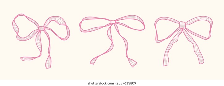 Cute pink hand drawn bow set with ribbons. Minimalist bowknot for wedding, birthday, christmas cards, poster, gift, frames. Ruffle vintage coquette bows. Doodle Sketch elements. Isolated vector illus