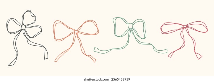 Cute pink hand drawn bow set with ribbons. Minimalist bowknot for wedding, birthday, christmas cards, poster, tattoo, gift, frames. Vintage coquette bows. Doodle Sketch elements. Isolated vector illus