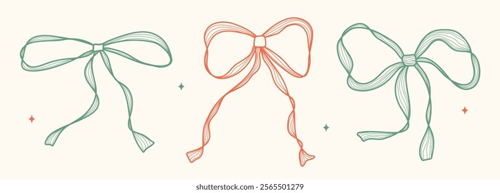 Cute pink hand drawn bow set with ribbons. Minimalist bowknot for wedding, birthday, christmas cards, poster, gift, frames. Ruffle vintage coquette bows. Doodle Sketch elements. Isolated vector illus