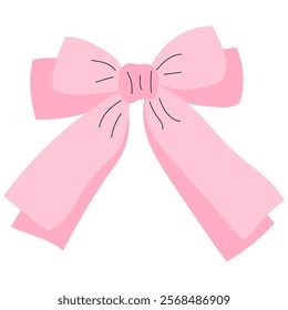 Cute pink hand drawn bow with ribbon. Trendy hair braiding accessory. Minimalist bowknot for decoration wedding, birthday, christmas cards and posters.
