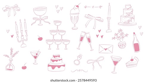 Cute pink hand drawn doodle wedding design elements. Simple line illustrations for invitations, menu, party cards. Champagne glass, cake, hearts, candles, flowers, cherry. Isolated on white