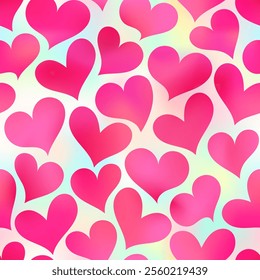 Cute pink hand drawn heart seamless pattern. Vector love heart texture on holographic gradient background. Valentines day print, trendy abstract minimal design for wrapping paper, wallpaper, cover.