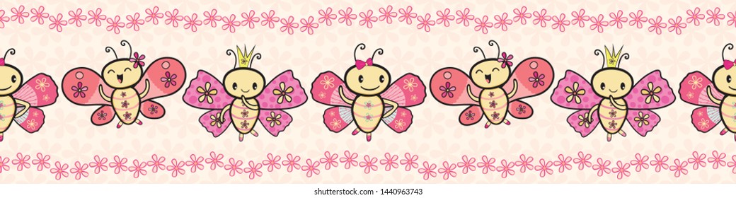 Cute pink hand drawn Kawaii style dancing butterflies border with floral edging. Seamless vector pattern on cream flower textured background. Great for stationery, birthday, party, giftwrap, fabric