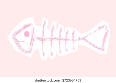 Cute pink hand drawn vector fish bone, brush texture fish skeleton graphic design element