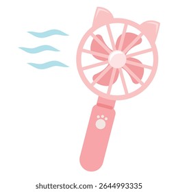 Cute pink handheld fan with cat ears and wind – portable cooling summer device illustration