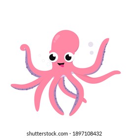 Cute pink happy octopus. Vector illustration. 
