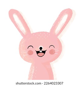 Cute Pink Happy Rabbit. Hand Drawn Easter Vector Illustration with Pink Funny Bunny isolated on a White Background. Easter Holidays Print with Lovely Rabbit ideal for Card, Wall Art, Sticker, Banner.