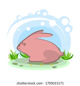 Cute pink hare or rabbit Cartoon children's style Character in location Glade with plants and sky simplified style Vector stock illustration Wild, pets on the background of the landscape
