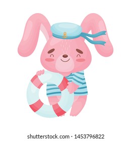 Cute pink hare sailor. Vector illustration on white background.