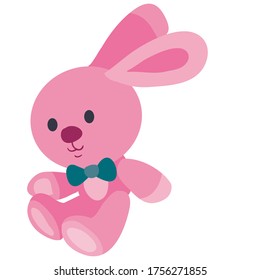 cute pink hare toy sitting on the floor, flat, isolated object on a white background, vector illustration, eps