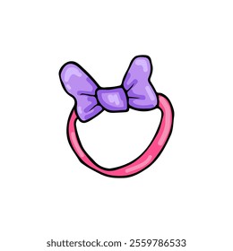 Cute pink headband with a vibrant purple bow illustration. Playful and girly hair accessory design, ideal for kids’ fashion, style elements, and colorful decoration projects.