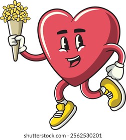 Cute Pink Heart bring flower bucket Valentine's Day Character in Retro Cartoon Vector Illustration