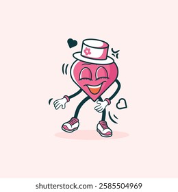 A cute pink heart character joyfully dances while wearing a hat and shoes.