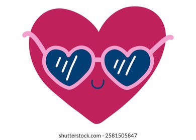 Cute pink heart character with sunglasses. Hand drawn Heart avatar valentine's day element. Stock vector illustration isolated on a white background.