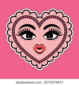 Cute Pink Heart with a Feminine Face and Red Lips Illustration