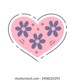 Corazón rosa dulce con flores de estilo doodle. Símbolo del día de San Valentín. Ilustración vectorial decorativa con adorno floral para boda, tarjeta de saludo, invitación.