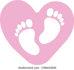 Cute pink heart, footprint, vector illustration