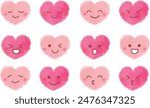 Cute pink heart icon set with various expressions positive
