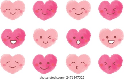 Cute pink heart icon set with various expressions positive