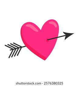 Cute pink heart pierced by an arrow. Symbol of love, romance. Illustration for valentine's day card, white background.