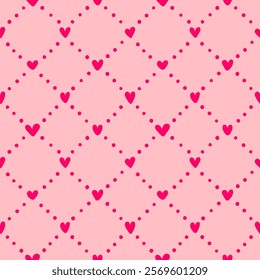 Cute pink heart seamless pattern. Vector white hand drawn love hearts and diagonal dotted lines, rhombus texture on pastel background. Valentines day wallpaper, trendy abstract minimal print, fabric.