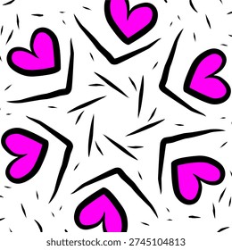 Cute Pink Heart Seamless Pattern Background, Modern Love Doodle Vector Illustration