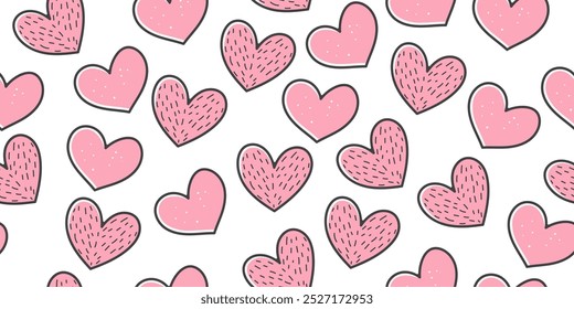 Cute Pink Heart Seamless Valentine's Day Pattern on White Background. Love heart pattern design. Seamless colorful hearts pattern.