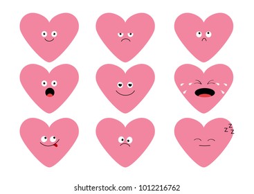 Cute Pink Heart Shape Emoji Set. Funny Kawaii Cartoon Characters. Emotion Collection. Happy, Surprised, Smiling, Crying, Sad Angry Face Head. White Background. Isolated Flat Design Vector Illustration