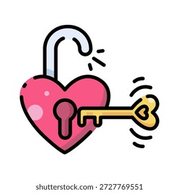 Lindo corazón rosa en forma de cerradura e icono de llave de oro Ilustración de arte de línea plana para el día de San Valentín