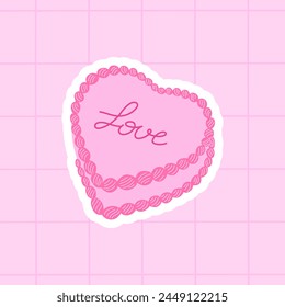 Cute pink heart shaped cake with word love. Vector flat illustration sticker on checkered background. Valentine's day or birthday holiday concept