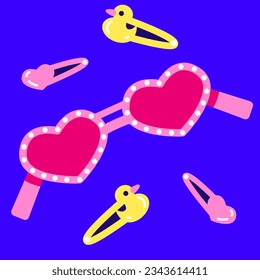 Cute pink heart shaped glasses with cute hairpins with hearts and duckies