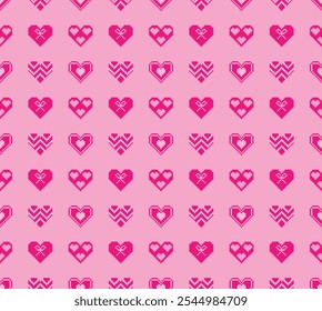 Cute pink heart vector pattern. Simple pixel style heart design. Valentine's Day vector pattern.
