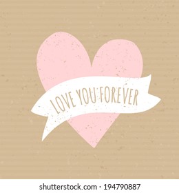 Cute pink heart with white banner against cardboard paper background. Perfect for wedding, engagement, save the date and other romantic designs.