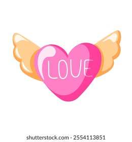 Cute pink heart with wings in cartoon style. Valentine Day symbol for romantic holiday celebration, wedding invitation, greeting card design. Isolated on a white background.